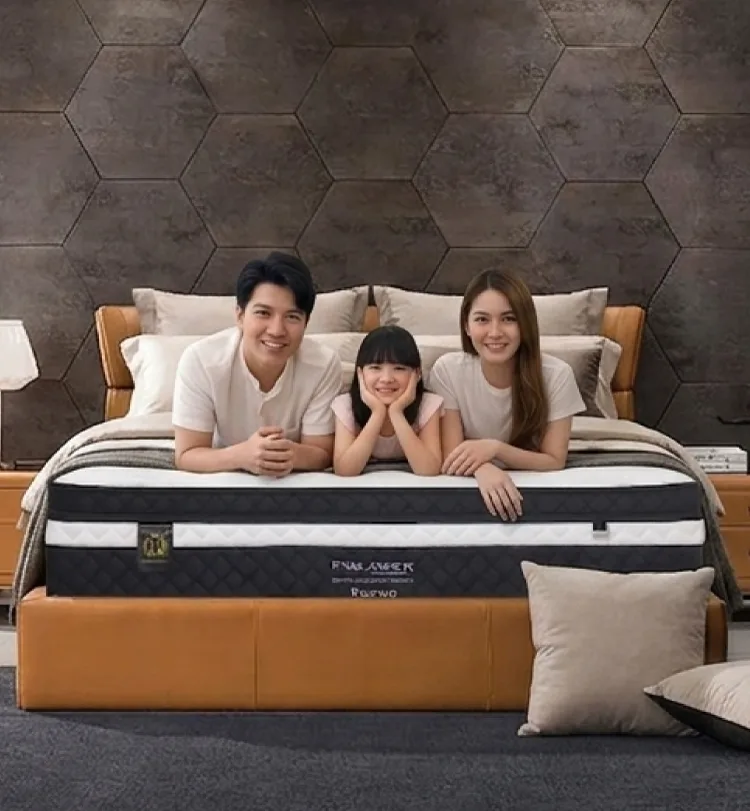 family of three on bed
